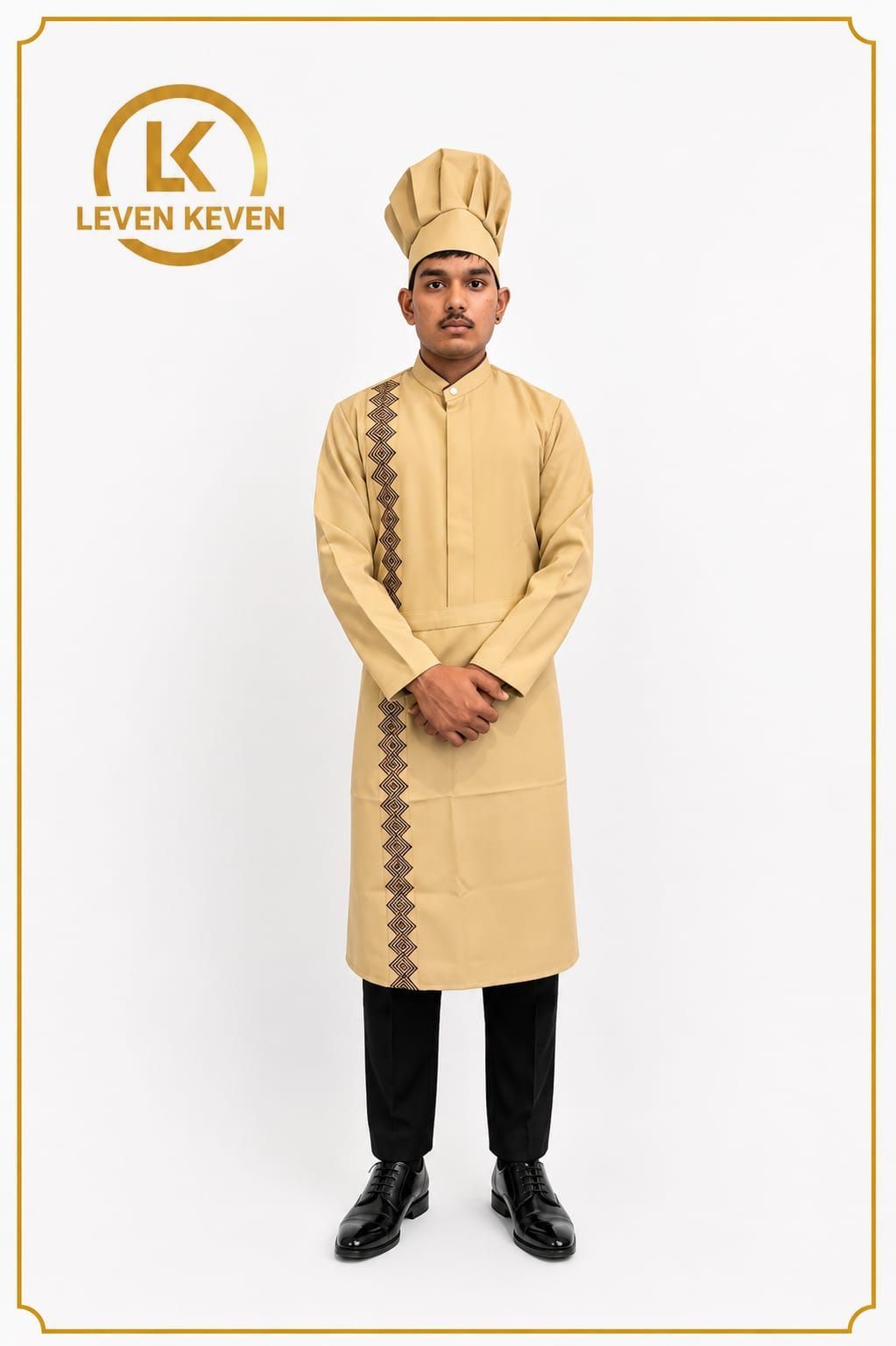 Beige Long Coat with Brown Embroidered Border