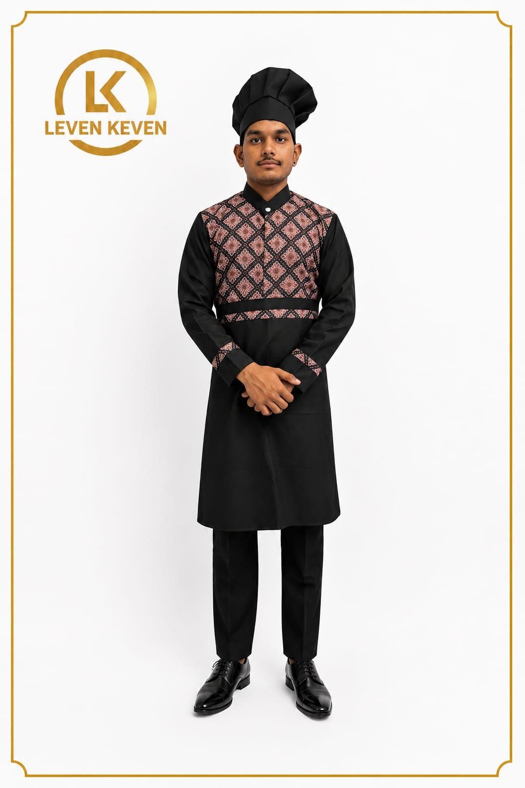 Black Chef Coat with Patterned Front Panel