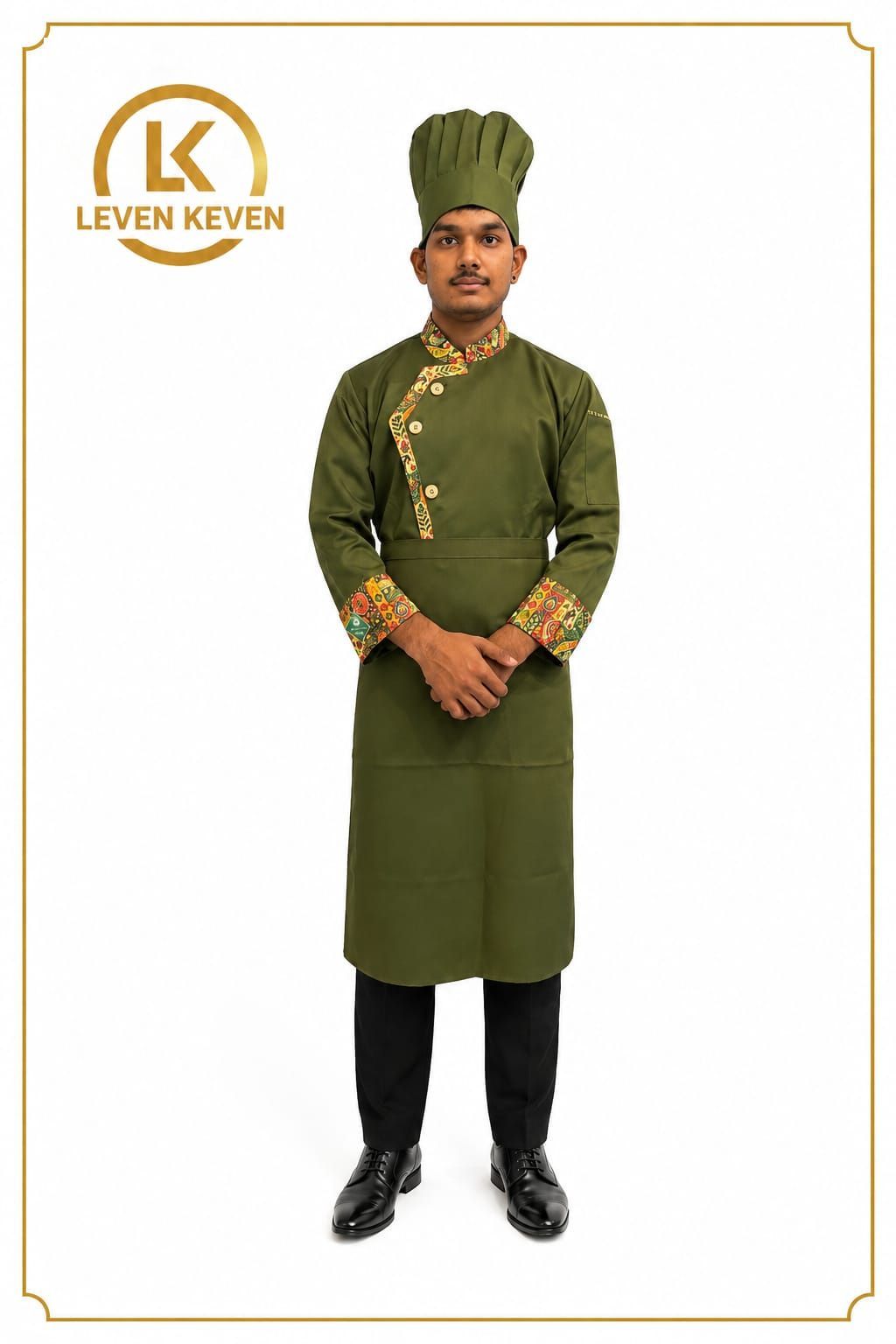 Olive Green Chef Coat with Embroidered Trim