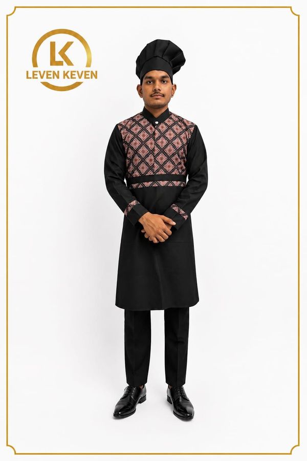 Black Chef Coat with Patterned Front Panel