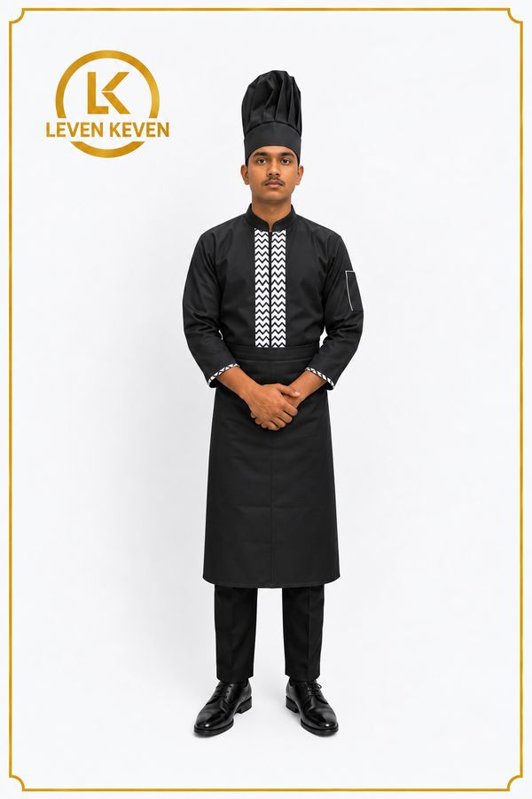 Black Chef Coat with White Zigzag Embroidery