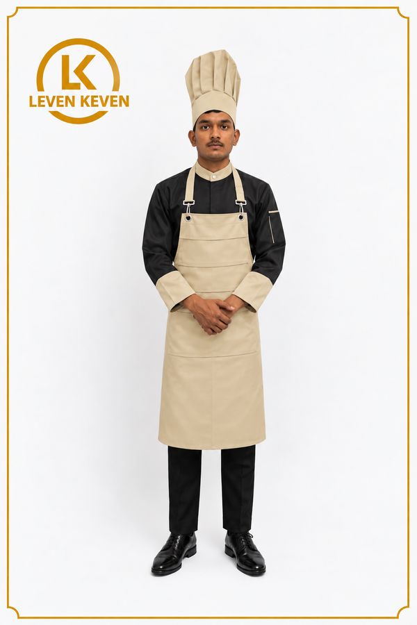 Black Chef Shirt with Beige Bib Apron
