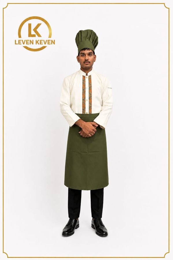 Cream Chef Coat with Olive Green Apron