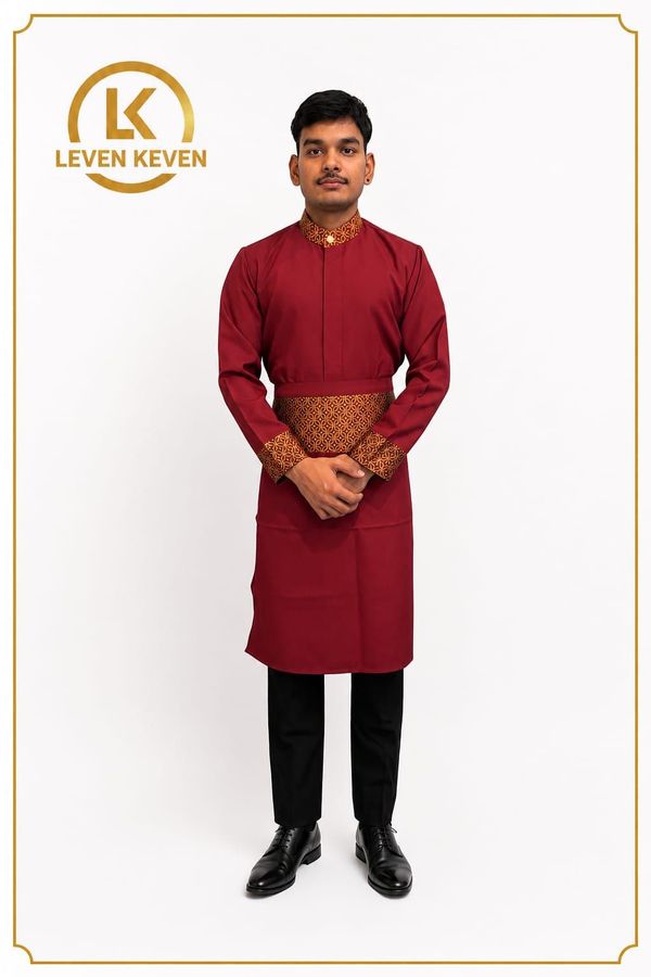 Maroon Long Coat with Gold Print Waist Band