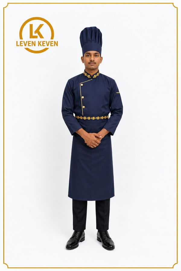 Navy Blue Chef Coat with Gold Embroidered Waist