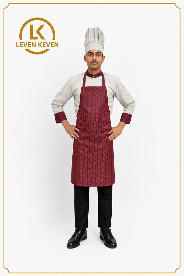 White Chef Coat with Maroon Striped Bib Apron