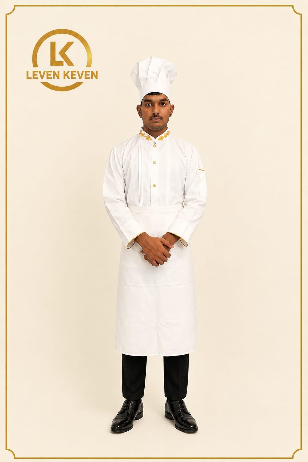 White Chef Coat with Gold Trim Collar