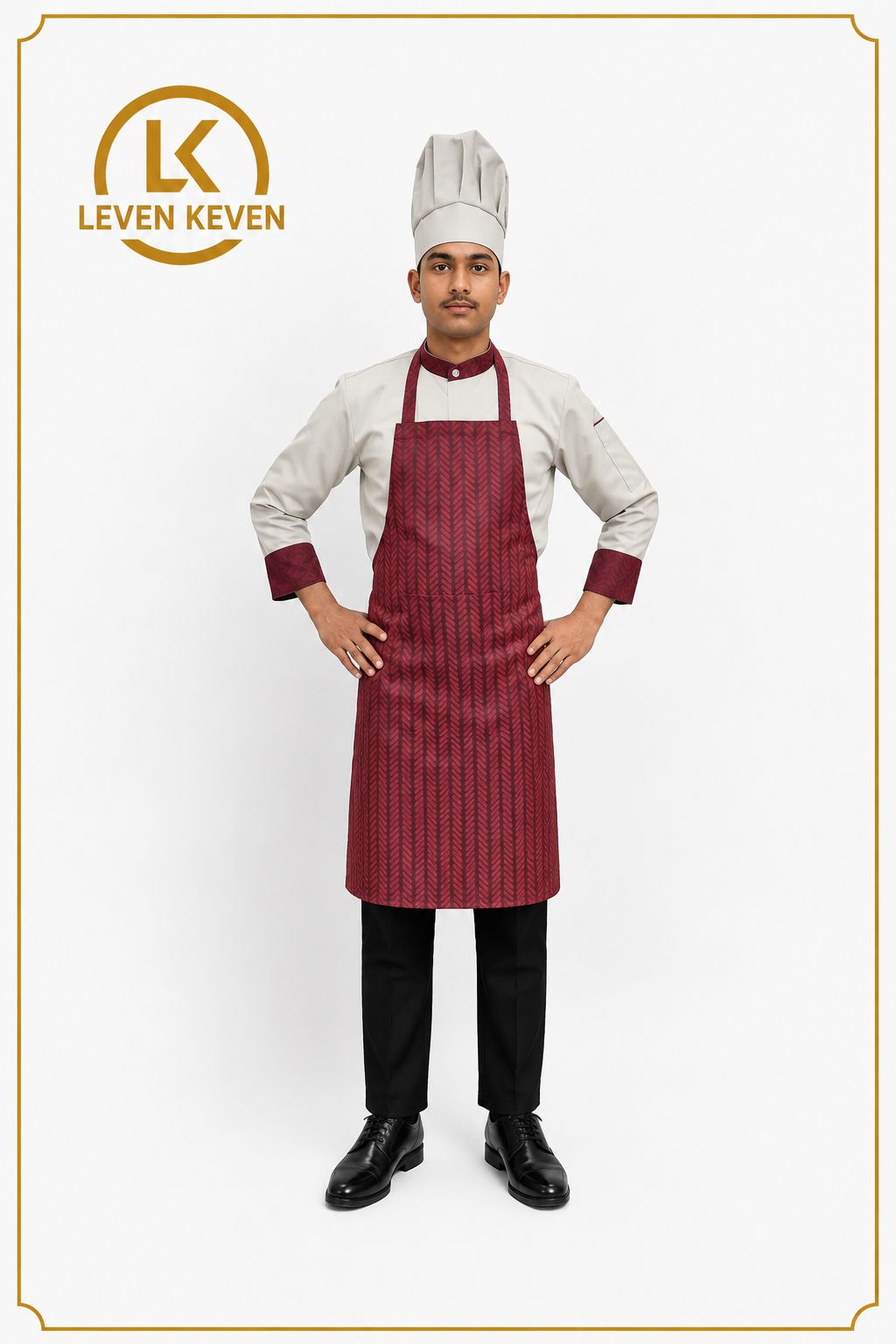 White Chef Coat with Maroon Striped Bib Apron