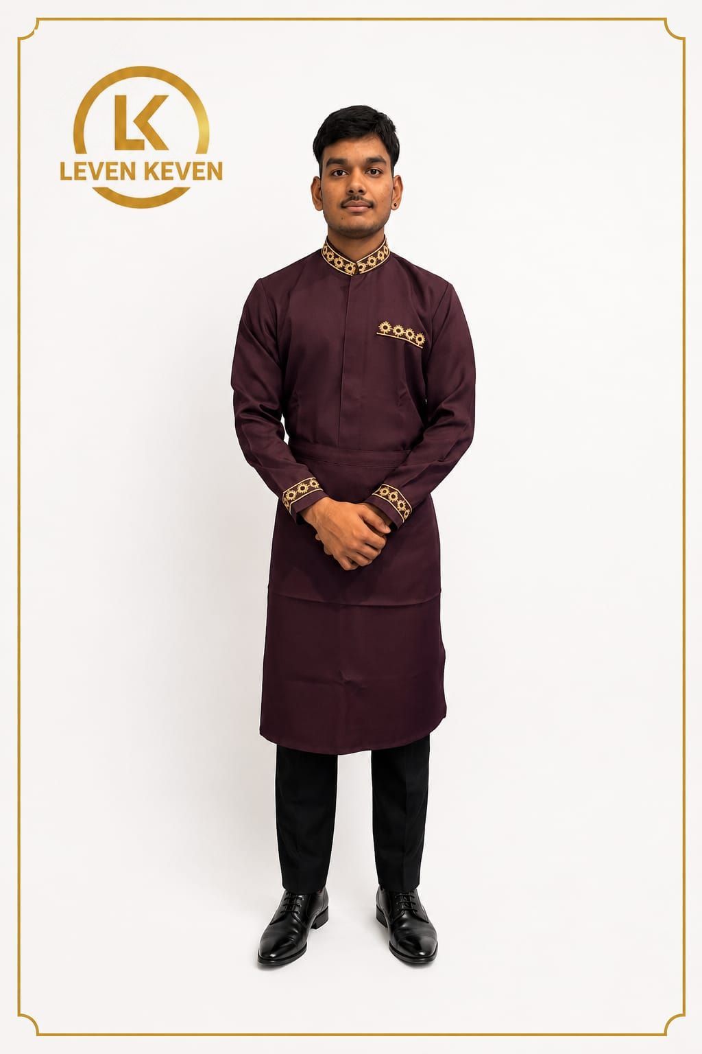 Wine Long Coat with Gold Embroidered Collar