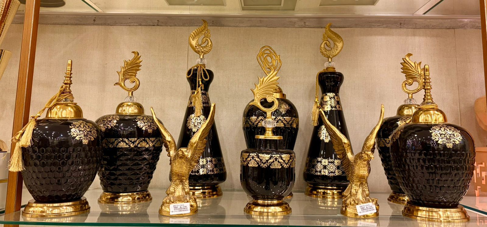 Black Showpieces with Gold Peacock Finials
