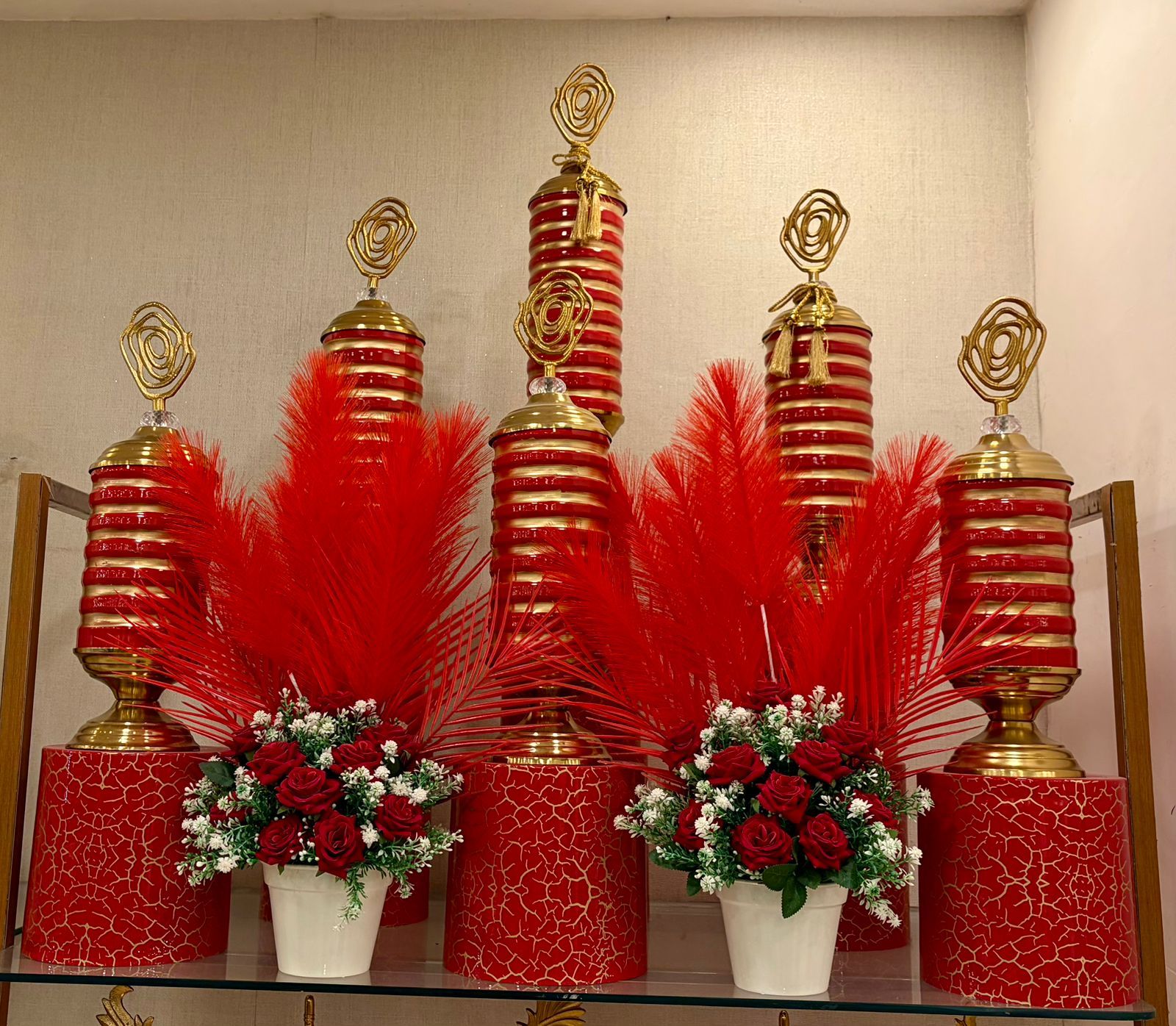 Red and Gold Showpieces with Red Pampas