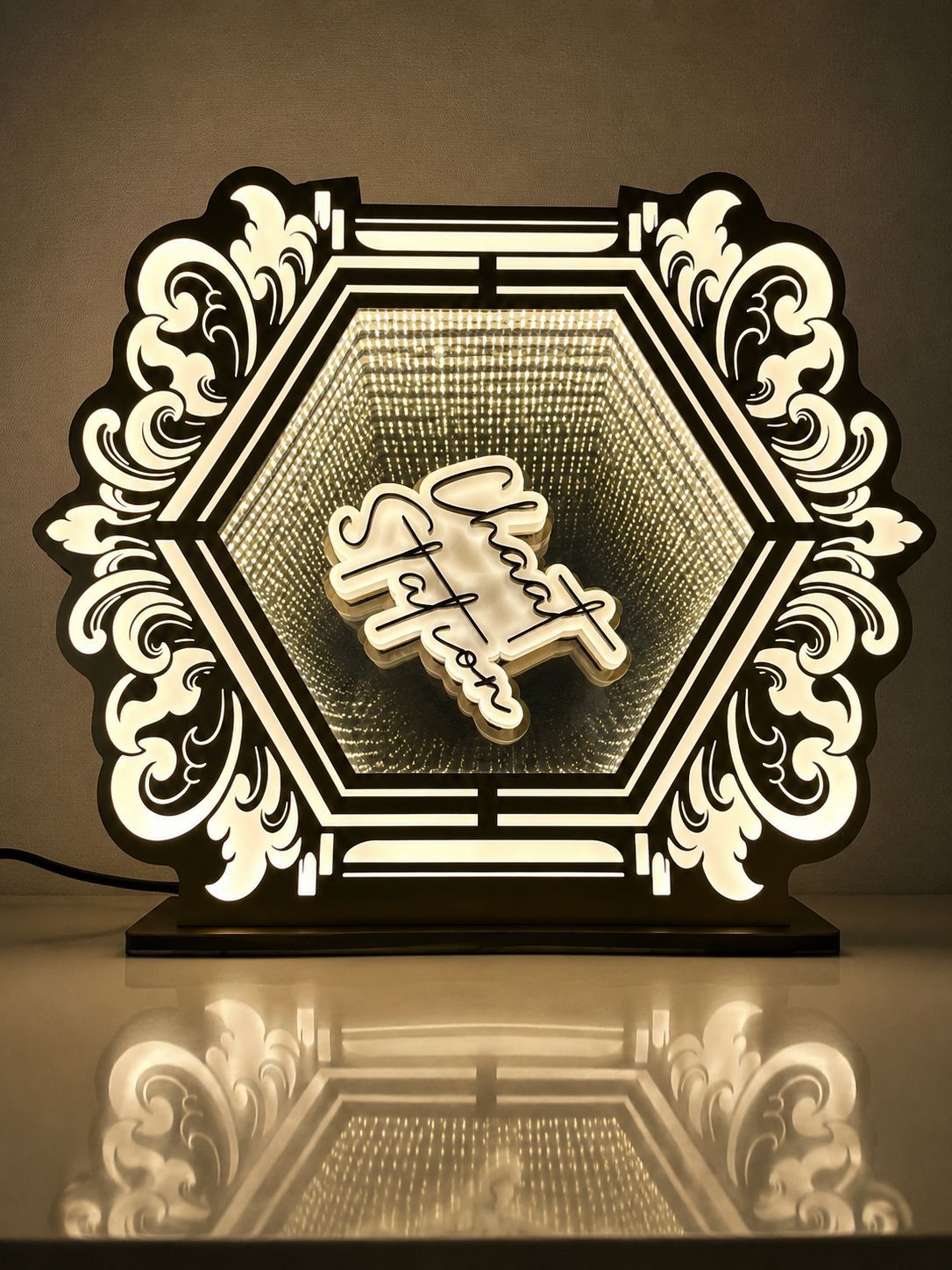 Chaat Station LED Acrylic Sign with Ornate Hexagon Frame