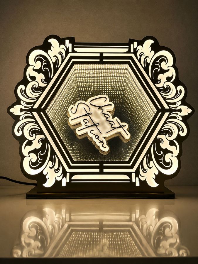 Chaat Station LED Acrylic Sign with Ornate Hexagon Frame