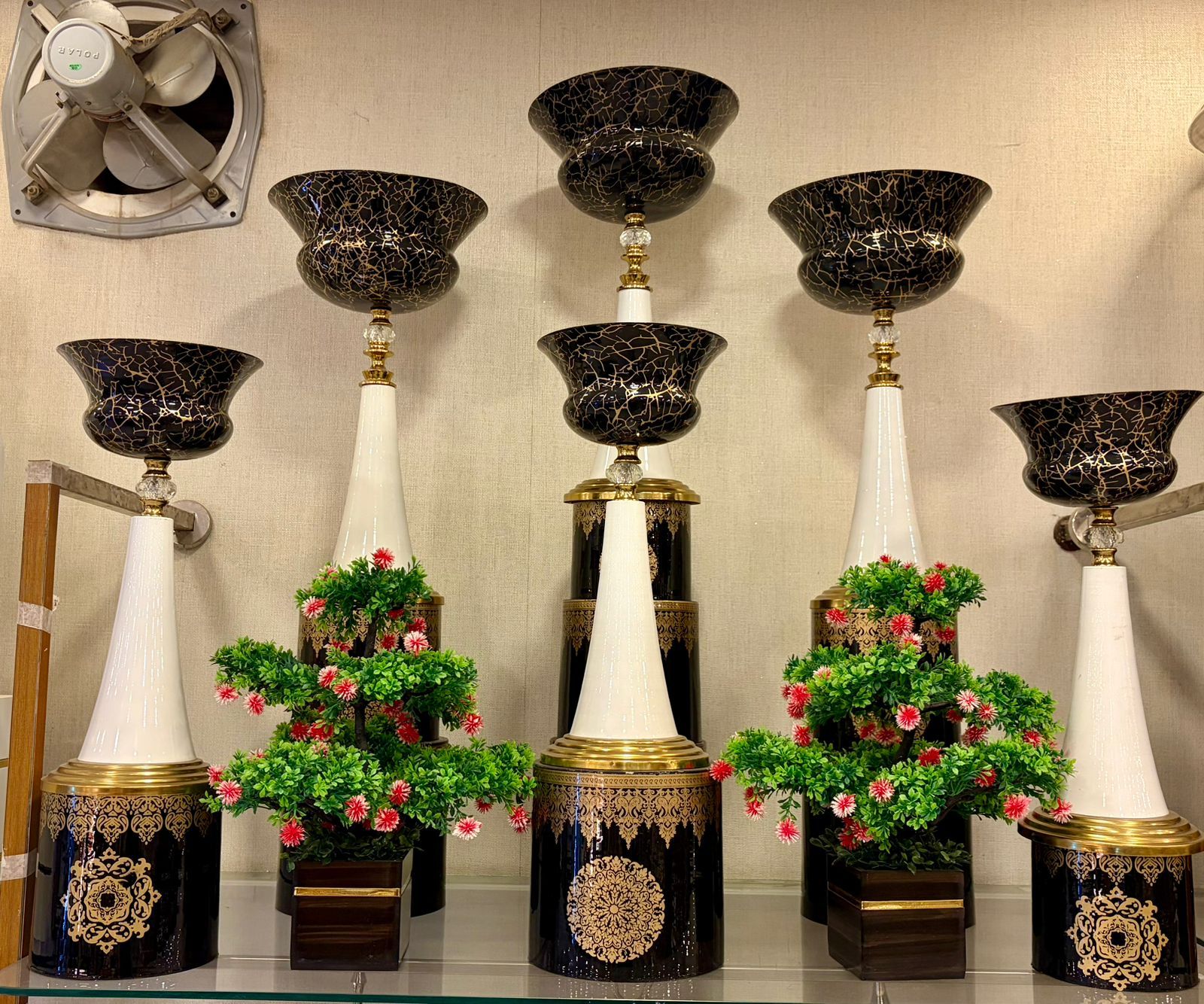 Black Marble Look Bowls on White Stands