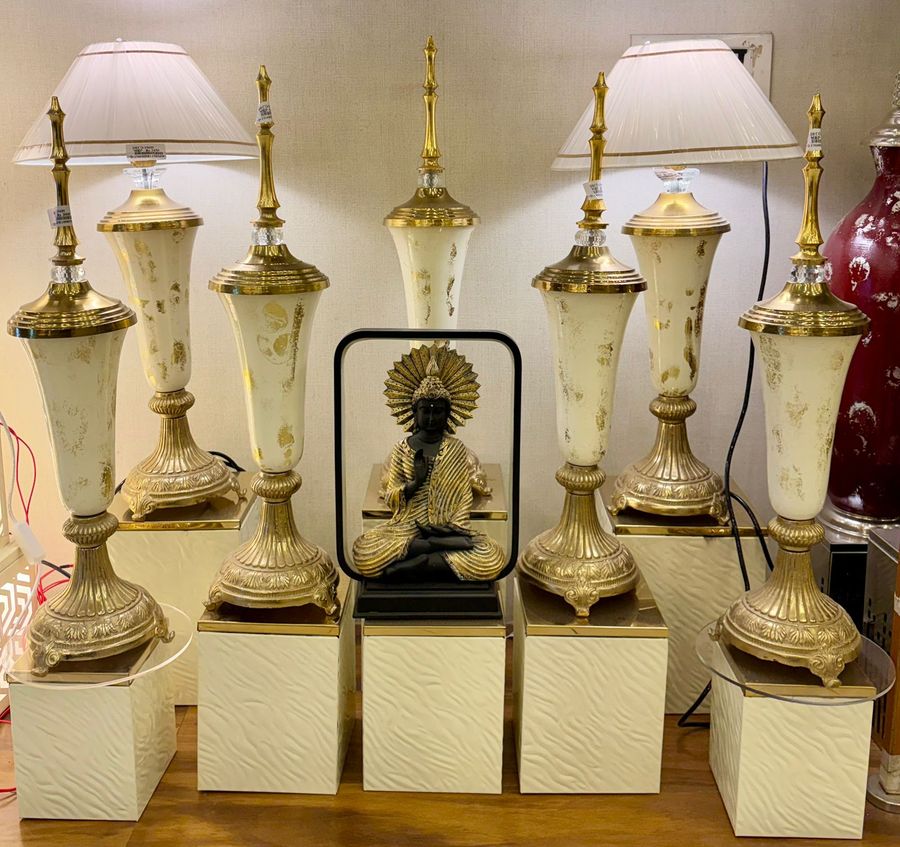 Ivory and Gold Lamps with Buddha Figure