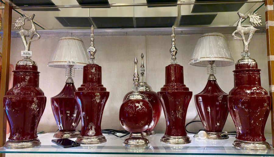 Red Showpieces with Lamps and Silver Deer