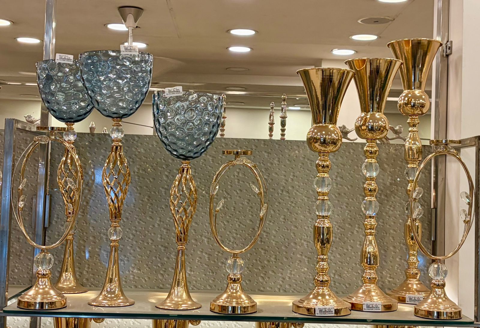 Blue Glass Bowls on Gold Twist Stands