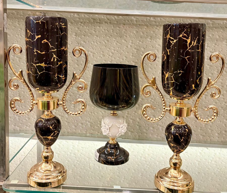 Black Marble Look Vases with Gold Scroll Stands