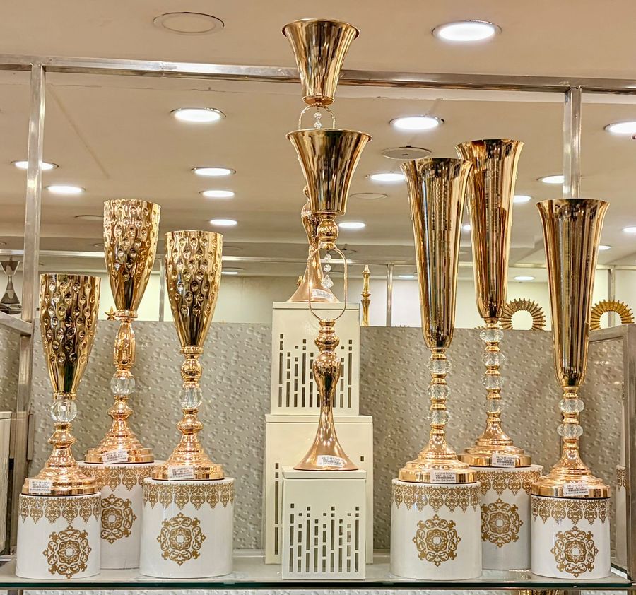 Gold Flute Vases on Printed Stands