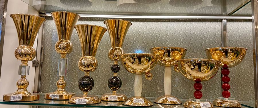 Gold Goblet Vases with Coloured Stems