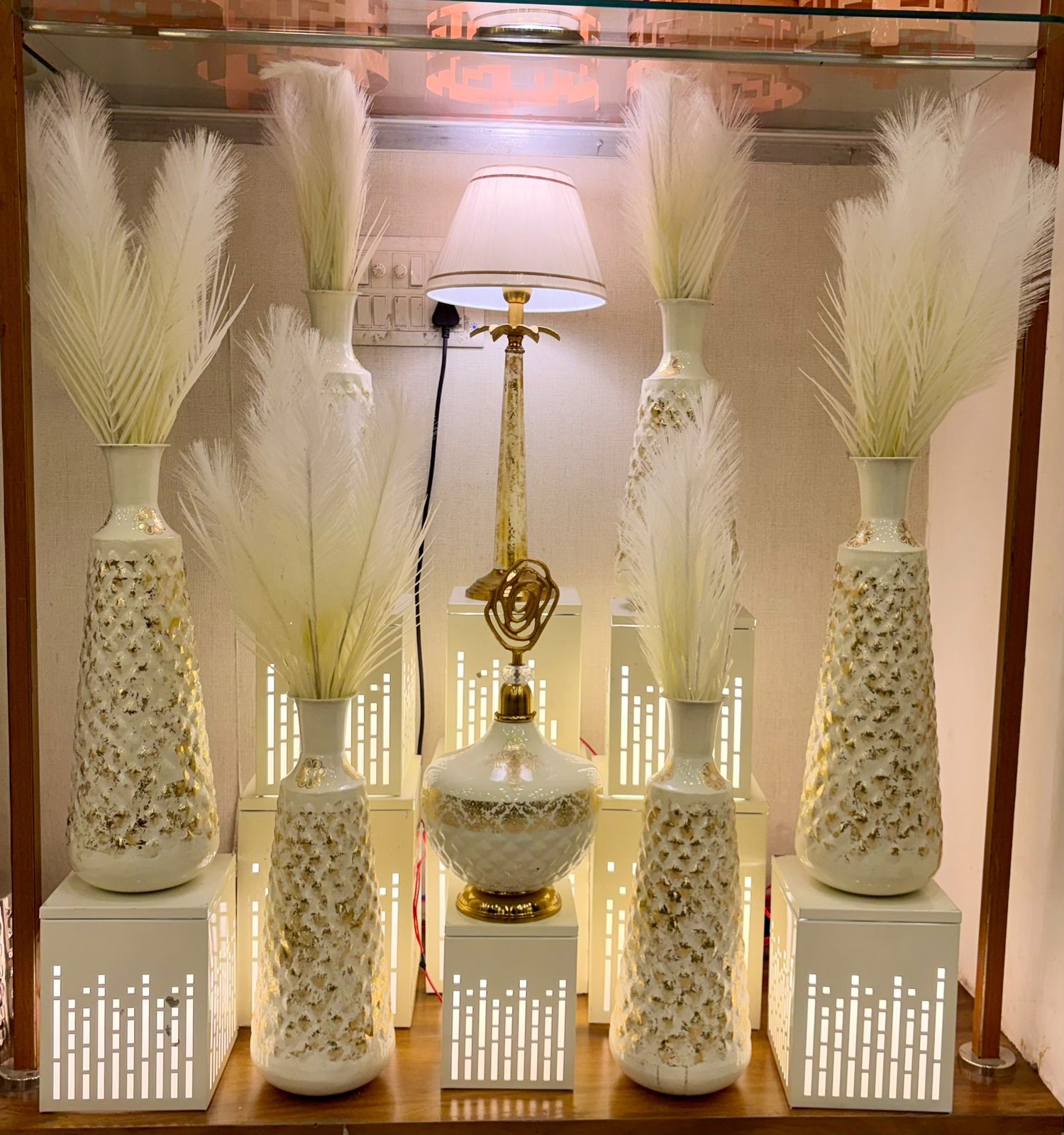 White Carved Vases with Pampas Grass